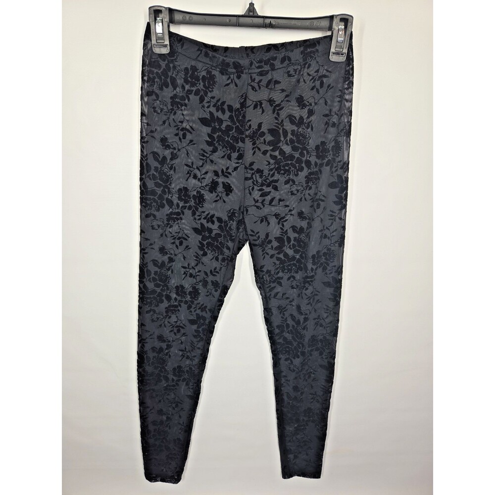 Sheer Mesh Flocked Black Floral Velvet Burnout Overlay Leggings OS Goth 90s y2k